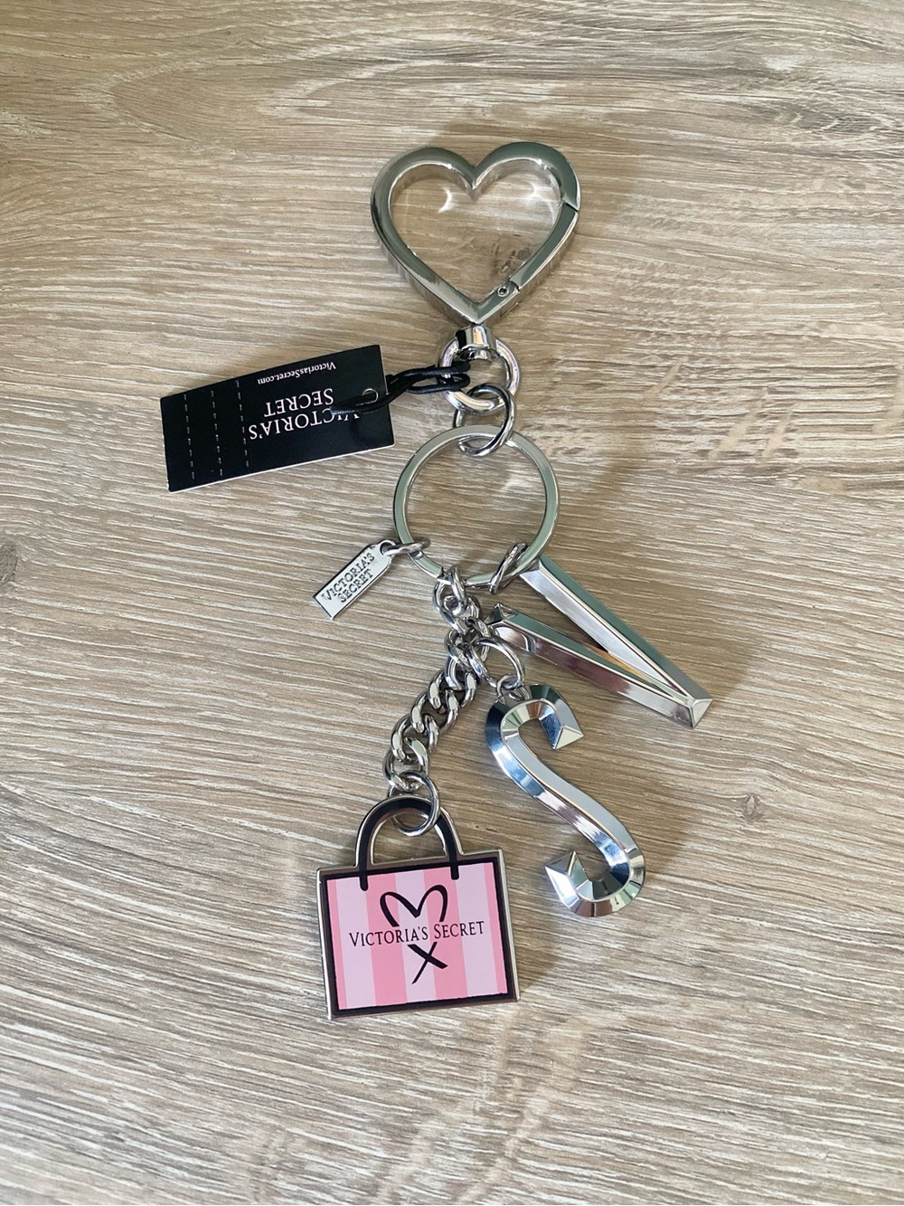 Victoria's Secret Silver Heart Keychain with Pink Shopping Bag Charm